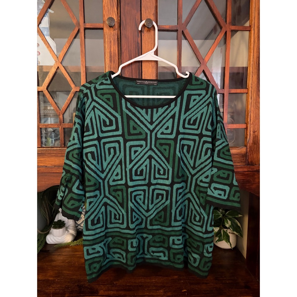 Peruvian Connection Green Geometric Pima Cotton Knit Sweater Top XS/S
